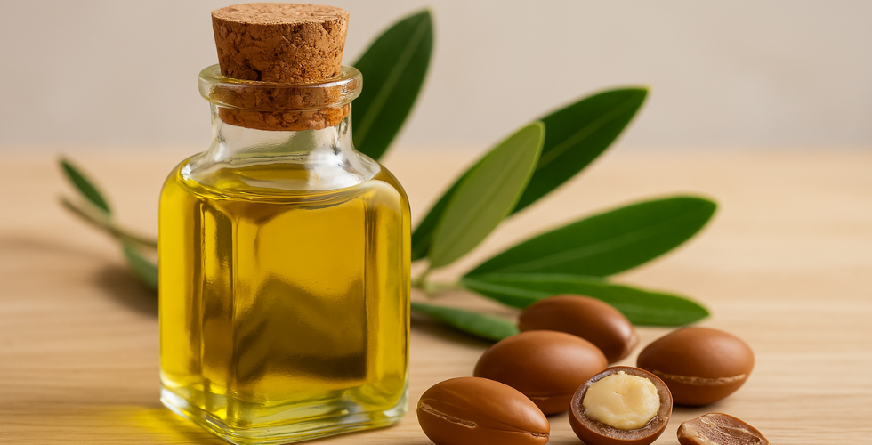 بطری شیشه‌ای روغن آرگان همراه با چند عدد هسته آرگان ترک‌خورده و برگ‌های سبز گیاه آرگان روی سطح چوبی روشن، نمادی از خواص آبرسان و تقویت‌کننده روغن آرگان برای موهای خشک و آسیب‌دیده