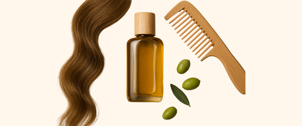 بطری روغن موی طلایی رنگ در کنار دسته موی قهوه‌ای، شانه چوبی دندانه‌درشت و چند عدد زیتون سبز روی سطح چوبی روشن، نمادی از استفاده از روغن‌های طبیعی برای مراقبت از مو