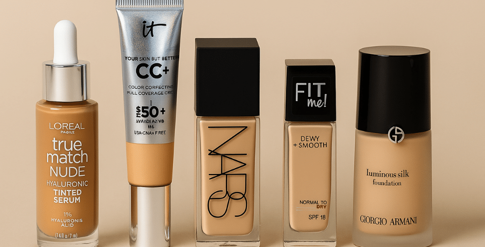 پنج کرم‌پودر شامل L'Oréal True Match Serum، IT Cosmetics CC+ Cream، NARS Light Reflecting Foundation، Maybelline Fit Me Dewy + Smooth و Giorgio Armani Luminous Silk در یک قاب با پس‌زمینه بژ، نور یکنواخت و کادربندی فشرده