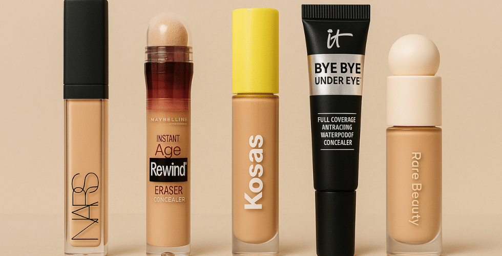 چهار کانسیلر شامل NARS Radiant Creamy، Maybelline Age Rewind، Kosas Revealer و IT Cosmetics Bye Bye Undereye در نمایی فشرده و کم‌ارتفاع روی زمینه بژ، مناسب معرفی محصولات مراقبت و آرایش پوست خشک.