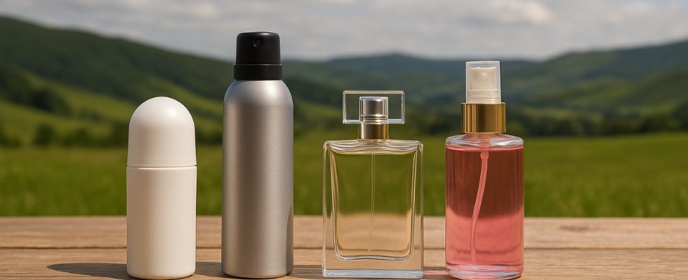 چهار محصول خوشبوکننده بدن شامل دئودورانت سفید، اسپری نقره‌ای، عطر شیشه‌ای و بادی اسپلش صورتی، چیده‌شده روی سطح چوبی در فضای باز با منظره تپه‌های سبز و آسمان نیمه‌ابری"