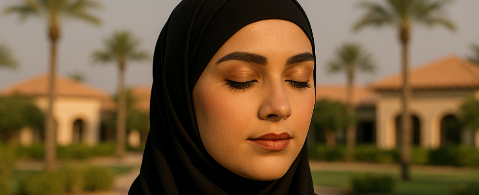 تصویر یک دختر مسلمان با حجاب مشکی و هدبند، در فضای باز و نور گرم عصرگاهی. چهره‌اش با آرایش تابستانی ملایم شامل رژ لب آجری، پوست مات و ابروهای مرتب آرایش شده است. در پس‌زمینه، منظره‌ای از درختان نخل و ساختمان‌های مدیترانه‌ای با سقف‌های سفالی دیده می‌شود. حس آرامش و خنکی تابستانی در تصویر جریان دارد.
