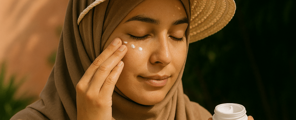 زن جوان با حجاب و کلاه حصیری در حال استفاده از کرم دور چشم در فضای باز و آفتابی